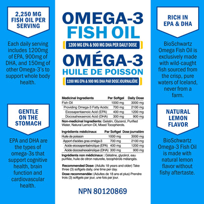 Fish Oil Omega 3 EPA & DHA 2250 mg | Burpless Lemon Flavor Triple Strength Supplement with Fatty Acids from Wild Icelandic Fish | Supports Joint, Eyes, Brain & Skin Health | Non GMO | 90 Softgels 🍁 All In One Marketplace Canada