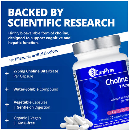 CanPrev Choline 275mg 90 Veggie Capsules, 90-Day Supply, VitaCholine for Cognitive Function, Memory & Focus, Vegan, Non-GMO, Gluten & Soy-Free, Supports Pregnancy, Liver & Heart Health, Made in Canada 🍁 All In One Marketplace Canada