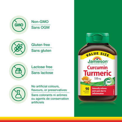 Jamieson Curcumin Turmeric 550 mg, Provides Natural Joint Pain Relief, Supports Inflammation, and Helps with Digestion. NON-GMO, Gluten-Free, 90 Vegetarian Capsules, Proudly Canadian 🍁 All In One Marketplace Canada