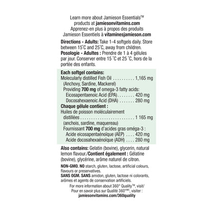 Jamieson Extra Strength Omega-3 700 mg, No Fishy Aftertaste, Supports Heart, Brain, and Eye Health, Arthritis Support. With EPA and DHA, Non-GMO, Gluten-Free, 100 Softgels, Proudly Canadian 🍁 All In One Marketplace Canada