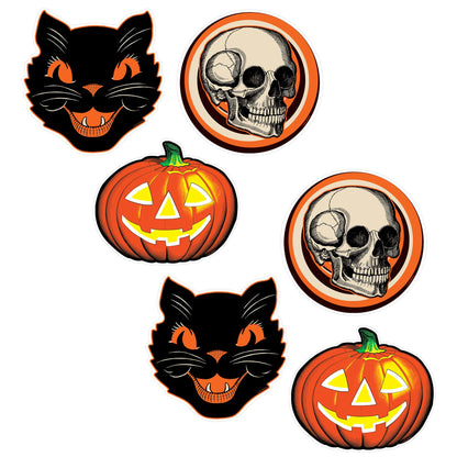 Beistle Set of 6 Plastic Vintage Halloween Cutouts, 10”-12”, Jack-O-Lantern, Cat, and Skull Designs