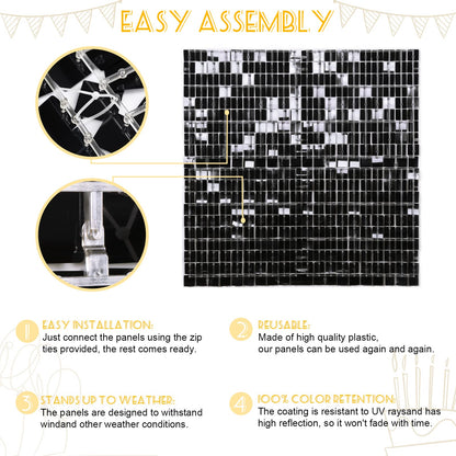 Black Shimmer Wall Backdrop Square Sequin Shimmer Backdrop for Birthday Anniversary Wedding Engagement Halloween Backdrop Decoration (24 Panels)