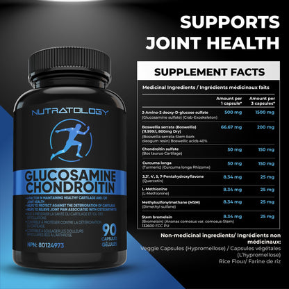 Nutratology® Glucosamine Joint Supplement with Chondroitin, MSM & Turmeric | Canadian-Made | Joint Pain Relief Supplements - 1500MG Glucosamine - Supports Healthy Joints & Cartilage - 90 Capsules 🍁 All In One Marketplace Canada