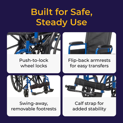 Drive Medical Single Axle Blue Streak Wheelchair, Flip Back Desk Arm, Swing Away Footrests, 18", 1 Count 🍁 All In One Marketplace Canada
