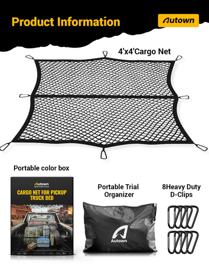 AUTOWN Cargo Net for Pickup Truck Bed - Stretchable 4'x4' to 7'x7', High Elastic Fine Mesh 1''x1'' with 8 Metal Carabiners - Ideal for ATV, SUV, UTV, Truck and Boat Use (Single Layer) 🍁 All In One Marketplace Canada