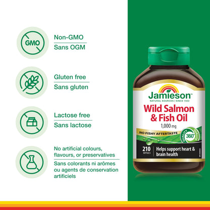 Jamieson Wild Salmon & Fish Oil 1,000 mg, No Fishy Aftertaste, Supports Heart Health and Brain Health. With Wild Alaskan Salmon, EPA, and DHA, Non-GMO, Gluten-Free, Proudly Canadian, 210 Softgels 🍁 All In One Marketplace Canada