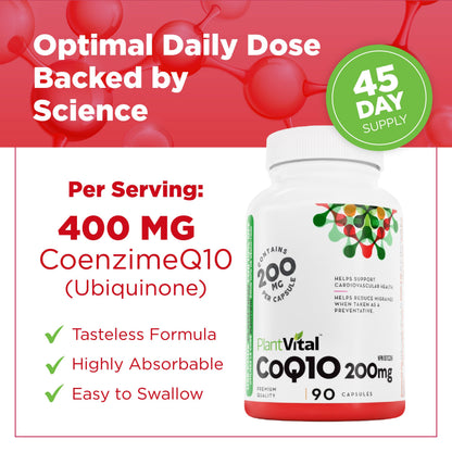 PlantVital Coenzyme Q10 - Made in Canada - 400mg (2 capsule per day) - CoQ10 Supplement - Support Cardiovascular Health - High-Potency - Helps Reduce Migraine Frequency - 45 Days Supply - 90 Capsules 🍁 All In One Marketplace Canada