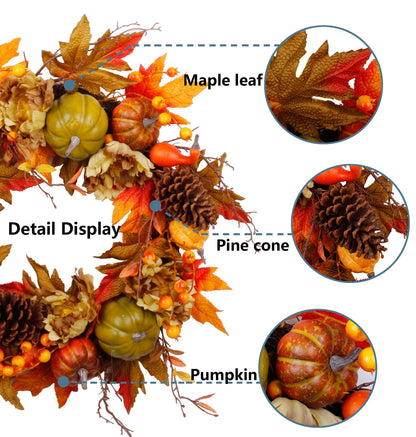 SOFTFLAME 20" Fall Wreath for Front Door, Autumn Artificial Wreath with Pumpkin, Pine Cone, Maple Leaves, Berries, Gift Ideal for Halloween Thanksgiving Home Decoration