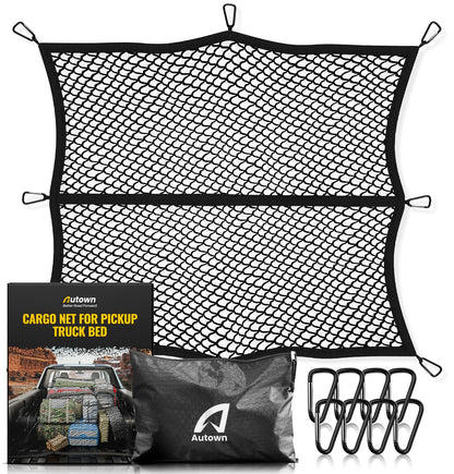 AUTOWN Cargo Net for Pickup Truck Bed - Stretchable 4'x4' to 7'x7', High Elastic Fine Mesh 1''x1'' with 8 Metal Carabiners - Ideal for ATV, SUV, UTV, Truck and Boat Use (Single Layer) 🍁 All In One Marketplace Canada