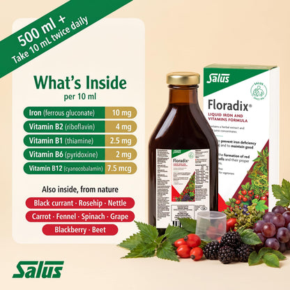 Salus Floradix Liquid Iron and Vitamins | Herbal Iron Supplement for Women, Men, and Children | Vegetarian, Dairy-Free & Non-GMO (500ml)