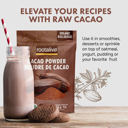 Rootalive Organic Raw Cacao Powder 454g (1lb), Premium Unroasted Cacao Bean powder in a Resealable Bag, Raw, Unsweetened, Vegetarian and Gluten-Free 🍁 All In One Marketplace Canada