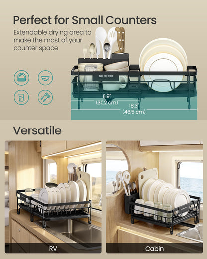 SONGMICS Dish Drainer Rack, Large Extendable Draining Board Rack for Small Spaces, 360° Rotating Extendable Spout, Kitchen Sink Drainer, Steel, 46.5 x 29.6 x 14 cm, Ink Black KCS556BH01 🍁 All In One Marketplace Canada