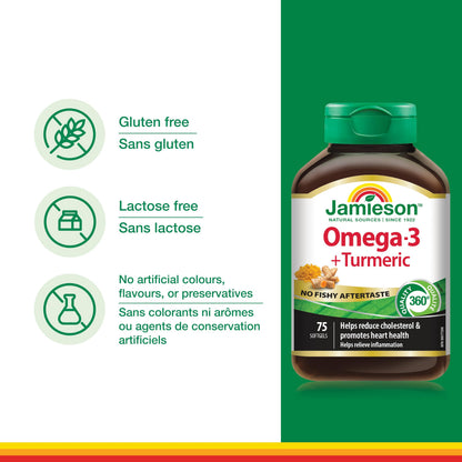 Jamieson Omega-3 + Turmeric Softgels, No Fishy Aftertaste, Supports Heart, Brain, and Joint Health. Fish Oil, Reduces Cholesterol and Inflammation, with EPA and DHA, Gluten-Free, 75 Count, Proudly Canadian 🍁 All In One Marketplace Canada