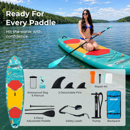 Overmont Inflatable Paddle Board 10'7" x 33" x 6", Extra Wide SUP for Adults & Beginners, 350 lb Stand Up Paddle Board with Adjustable Paddle, Pump, 3 Fins, Leash, Backpack & Repair Kit 🍁 All In One Marketplace Canada