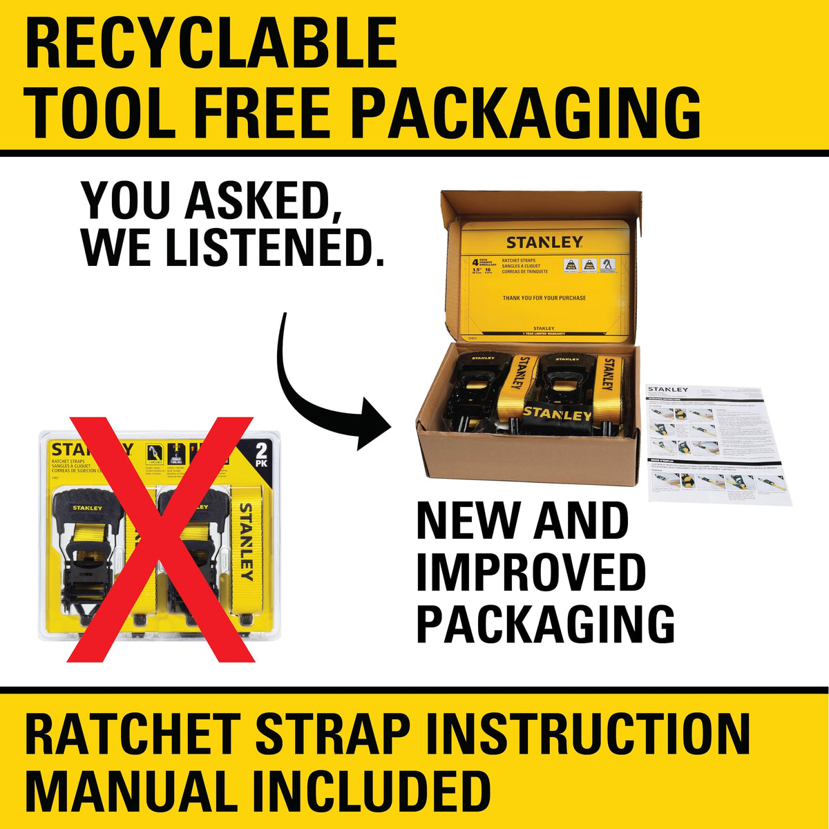 Stanley S1007 Black/Yellow 1.5" x 16' Ratchet Tie Down Straps - Heavy Cargo Securing (3,300 lbs Break Strength), 2 Pack 🍁 All In One Marketplace Canada