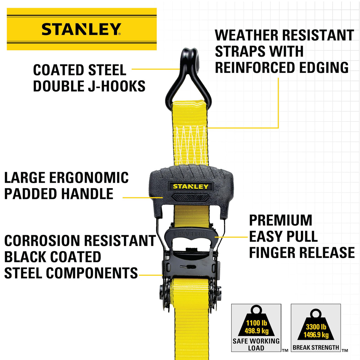 Stanley S1007 Black/Yellow 1.5" x 16' Ratchet Tie Down Straps - Heavy Cargo Securing (3,300 lbs Break Strength), 2 Pack 🍁 All In One Marketplace Canada
