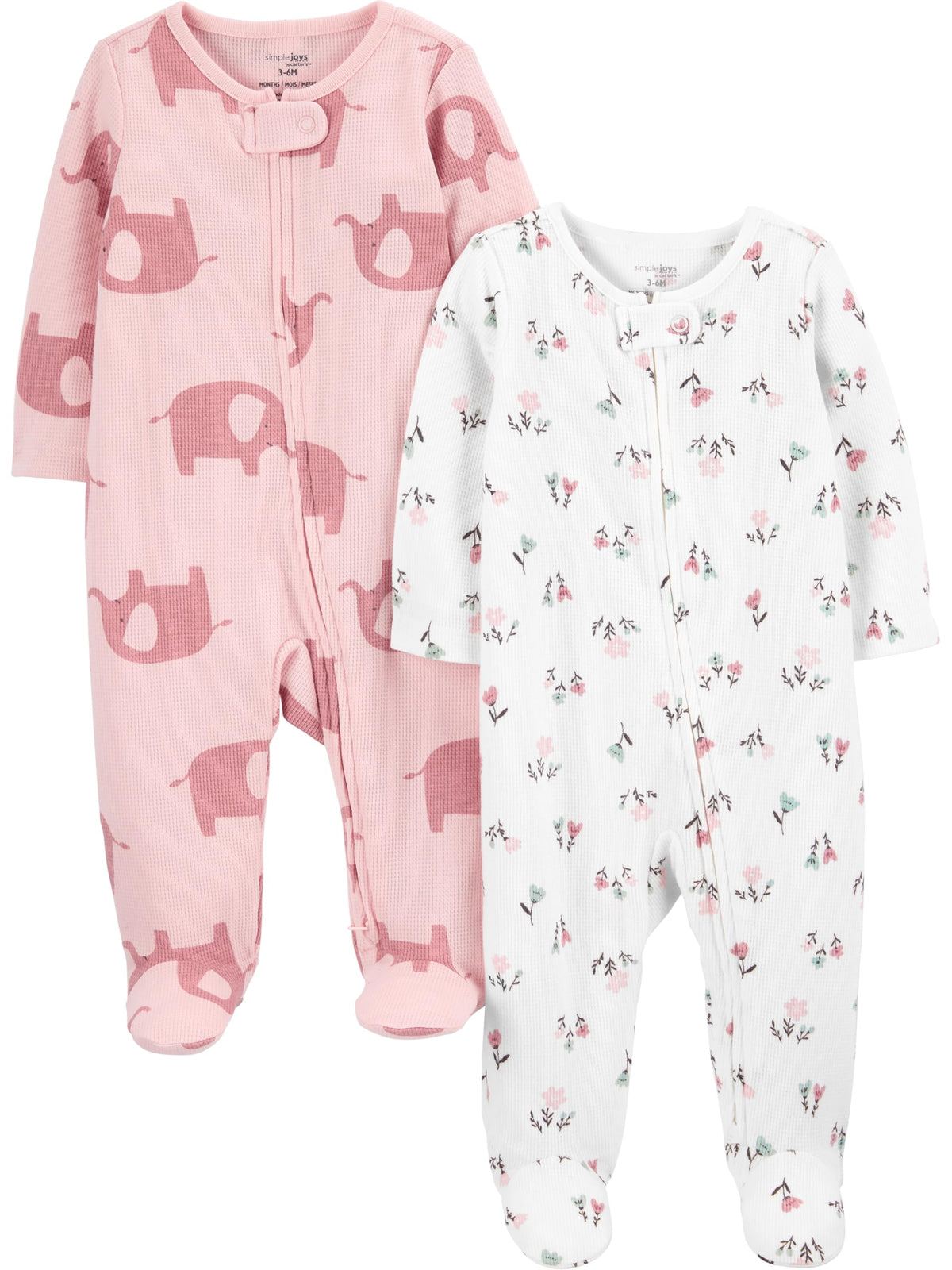 Simple Joys by Carter's Girls' Baby 2-Pack 2-Way Zip Thermal Footed Sleep and Play, Ivory, Floral/Elephants, 0-3 Months 🍁 All In One Marketplace Canada