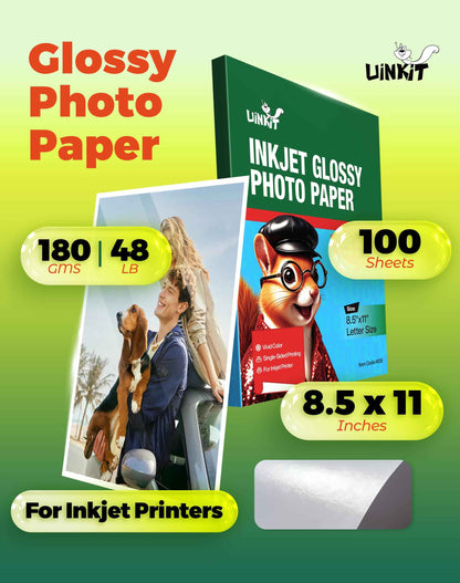 Uinkit Glossy Inkjet Photo Paper 8.5x11 Inches 100 Sheets 48lb Dye Ink 180Gsm Professional Photographic Paper Letter Size 8.5mil Instant Dry Suitable for All Dye Ink Printers (100, 8.5x11Inches) 🍁 All In One Marketplace Canada