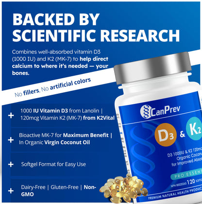 CanPrev D3 & K2 Vitamins 120 Softgels, 120-Day Supply, 1000IU Vitamin D3 & 120mcg K2, Supports Strong Bones, Teeth & Heart Wellness, Easy-to-Absorb with Organic Coconut Oil, No GMO, Gluten, Soy, Dairy 🍁 All In One Marketplace Canada