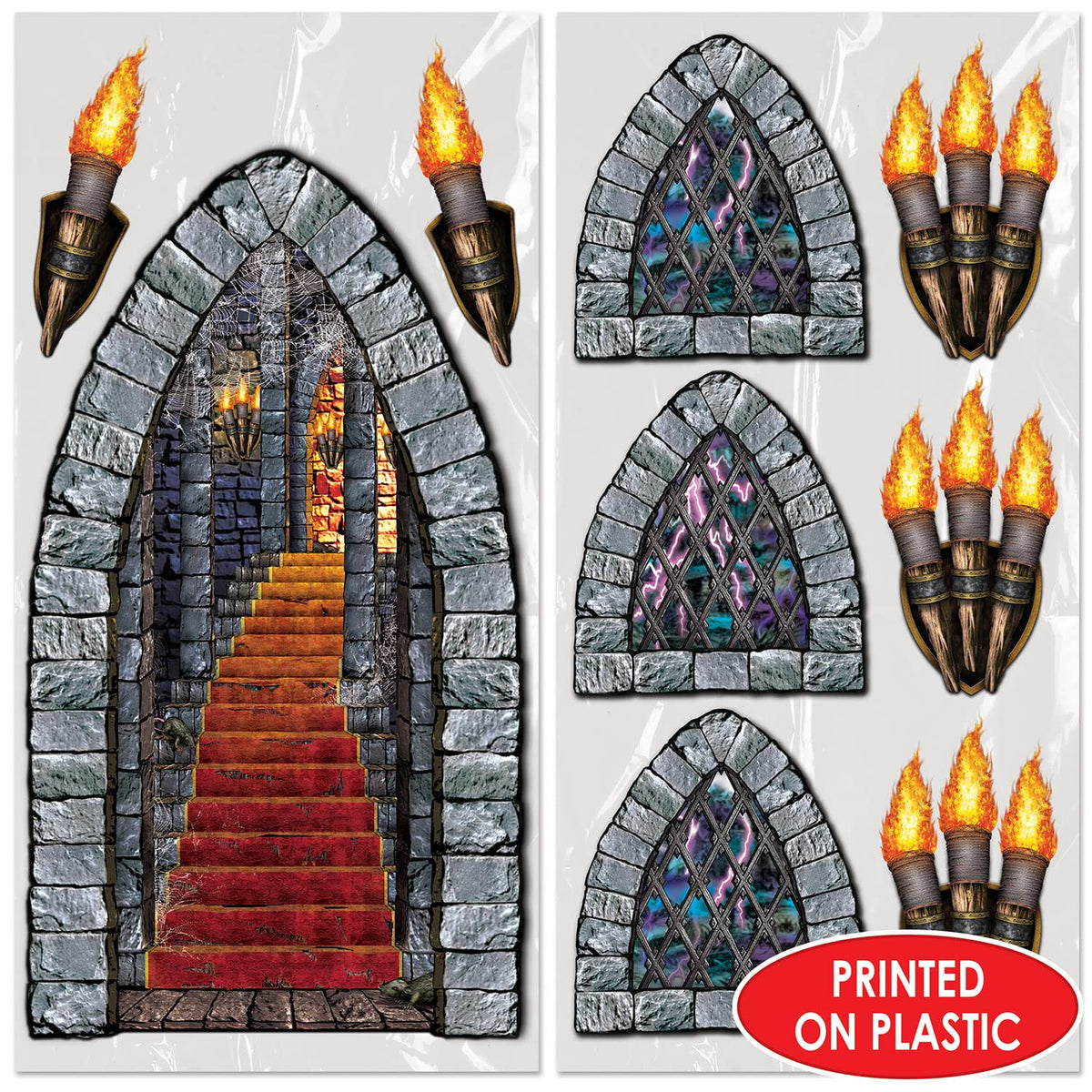 Beistle Medieval Stairway, Window & Torch Props, 9 Images, Haunted Castle Wall Decorations, Spooky Gothic Scene for Halloween Parties & Dungeon Themes, Printed Plastic Cutouts, 18” to 60”