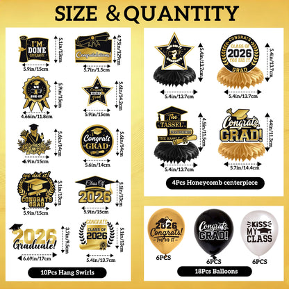 Graduation Decorations 2026 Black Gold 35PCS, Pre-Strung Congrats Grad Banner, Class of 2026 Backdrop, Balloons, Hanging Swirls, Graduation Party Decorations,PRE-ASSEMBLED 🍁 All In One Marketplace Canada