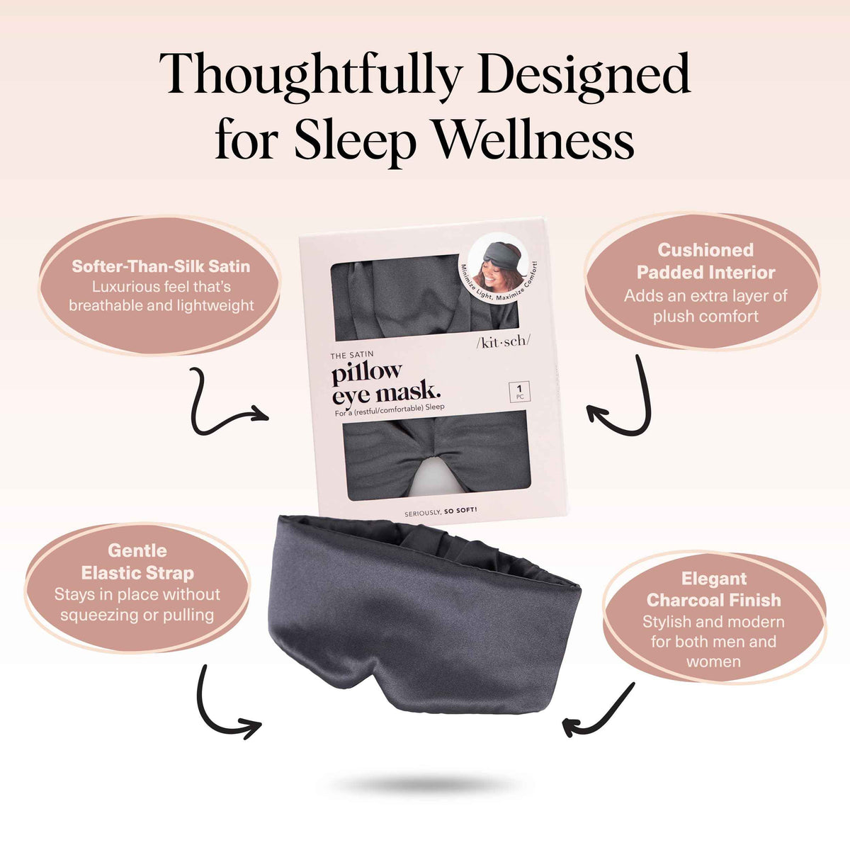 Kitsch Satin Sleep Mask - Eye Masks for Sleep, Softer Than Silk Satin Sleeping Mask Blindfold and Sleep Masks for Women and Men, Eye Care Travel Essentials - Charcoal Black 🍁 All In One Marketplace Canada