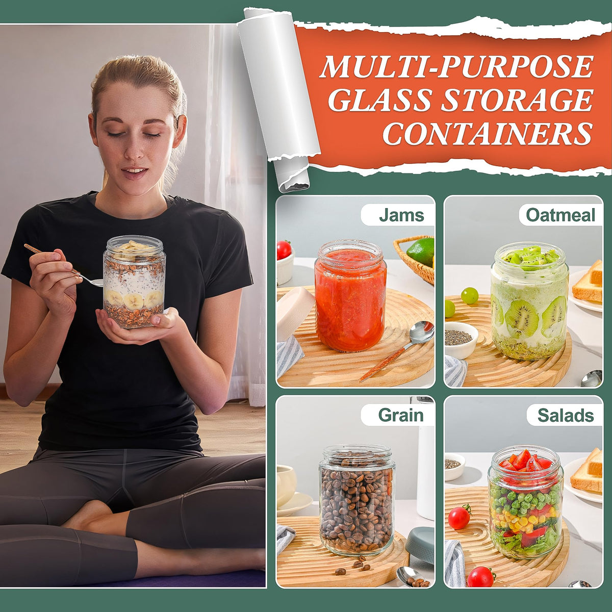 Xileanalee Overnight Oats Containers with Lids 6 Pack-16 Oz Mason Jar with Lids-Overnight Oats Jars Glass Food Storage Containers for Chia Seed Pudding Salad Cereal Coffee Spices 🍁 All In One Marketplace Canada