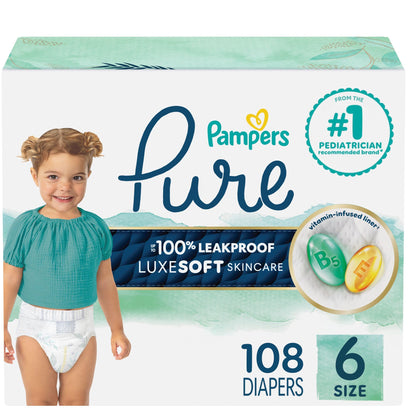 Pampers Pure Baby Diapers, Size 6 (35+ lbs), 108, Up to 100% Leakproof, Premium Hypoallergenic Soft Diapers 🍁 All In One Marketplace Canada