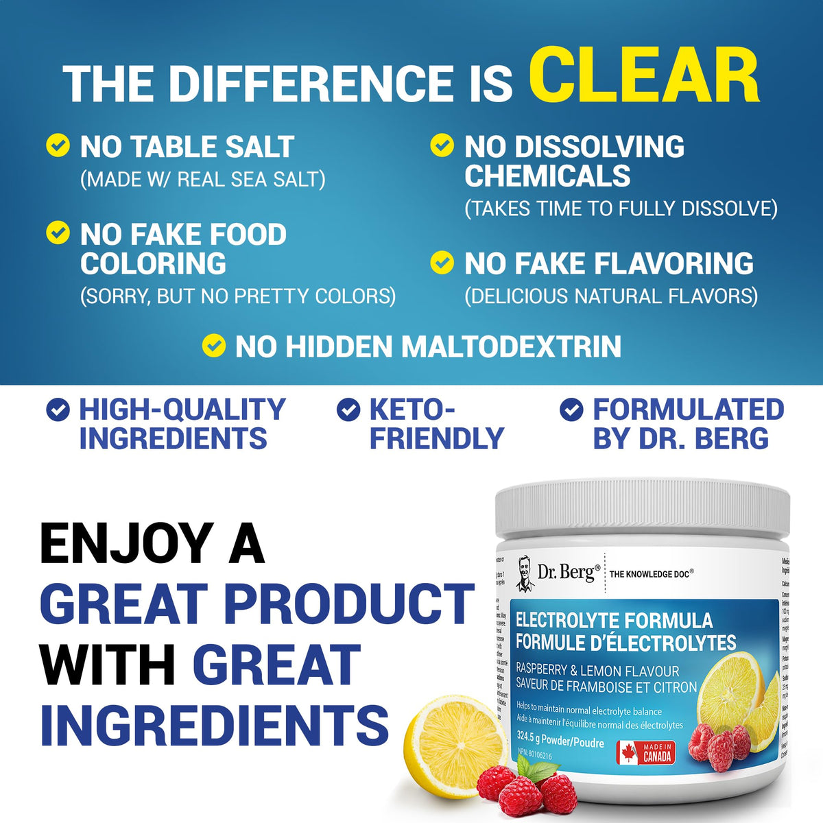 Dr. Berg Electrolytes Powder No Sugar - Enhanced w/ 1000 mg of Potassium & Real Sea Salt - Zero Sugar Electrolyte Powder - Raspberry & Lemon Flavor Hydration Powder Electrolytes - 50 Servings 🍁 All In One Marketplace Canada