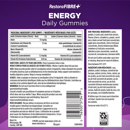 RestoraFIBRE+ Energy Daily Prebiotic Fibre Supplement Gummies for Adults, Promotes Regularity and A Healthy Digestive System and Supports Energy Metabolism, Packed with B Vitamins, 115 Count 🍁 All In One Marketplace Canada