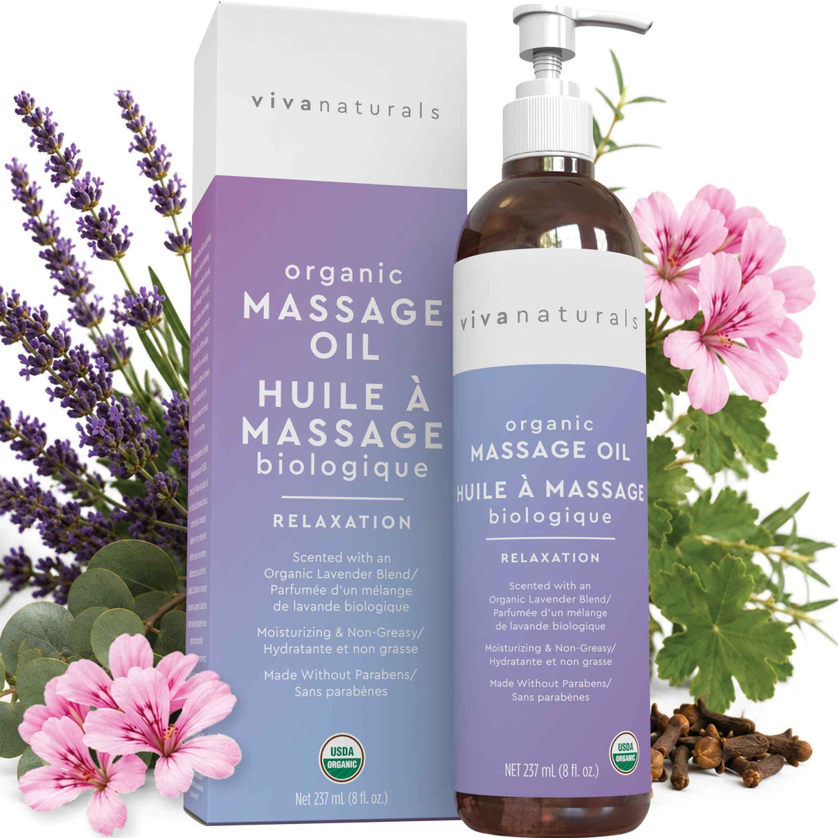 Viva Naturals Organic Massage Oil Scented (8 fl. oz.) - Non-Greasy Relaxation Scented Massage Oil with Mess-Free Pump, Moisturizing Proprietary Lavender Blend Body Oil, Non-GMO and Certified Organic, 237 mL 🍁 All In One Marketplace Canada