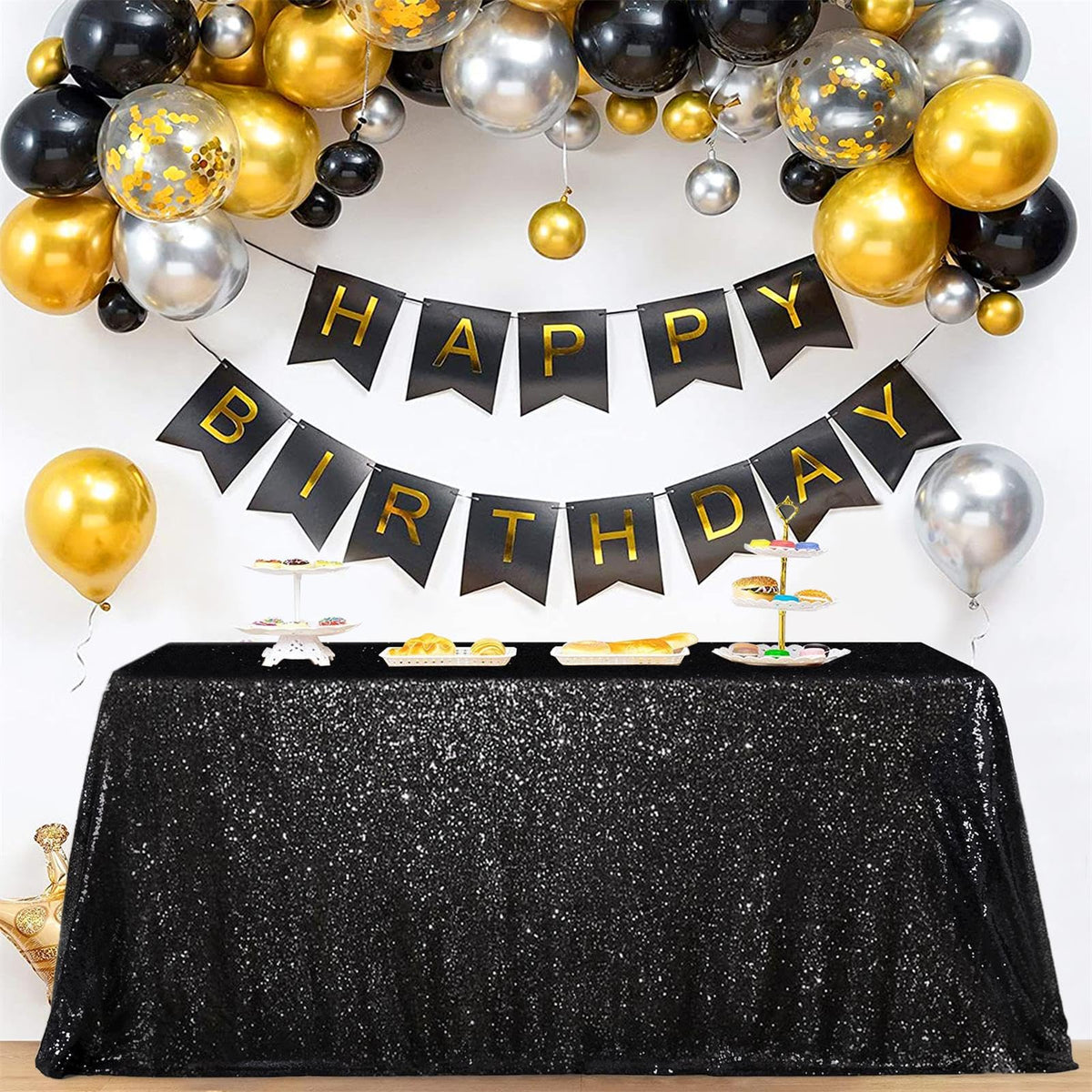 SoarDream Black Sequin Tablecloth 90x156 Inch Rectangle Wedding Tablecloth for Birthday Baby Shower Graduation Indoor Outdoor Halloween Party Table Decorations