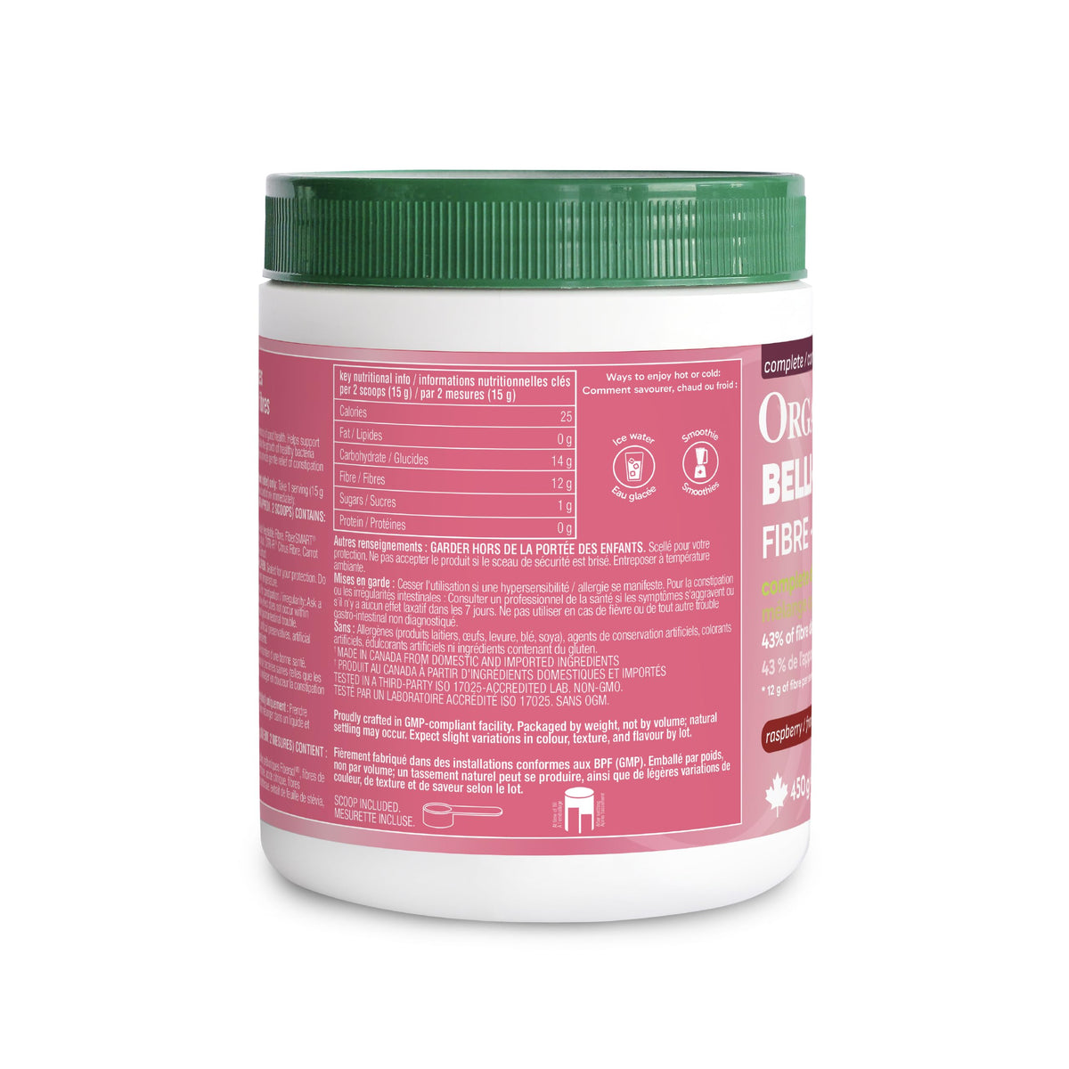 Organika Canadian-Made Belli Bliss Fibre | High Fibre Blend, 4 Diverse Sources of Fibre | Supports Digestive Health, Constipation Relief, Weight Control - Raspberry, 450g 🍁 All In One Marketplace Canada