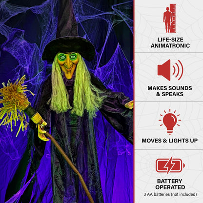 Haunted Hill Farm Life-Size Scary Talking Witch with Broomstick, Halloween Animatronic with Touch Activated Lights and Sound, Battery Operated Indoor or Covered Outdoor Halloween Decorations