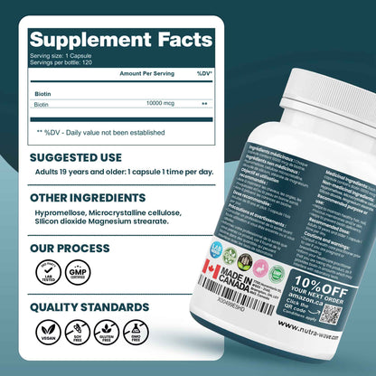 Nutrawave Extra Strength Biotin 10000mcg – Biotin for Hair Growth, Lush Hair, Glowing Skin & Strong Nails, Ideal for Women & Men, Non-GMO, Vegan, Gluten-Free. 120 Capsules 🍁 All In One Marketplace Canada