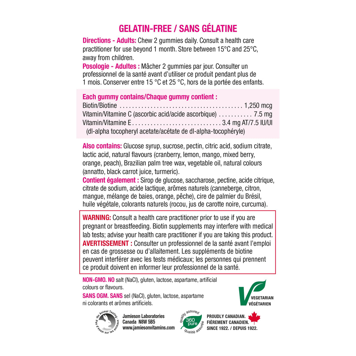 Jamieson High Potency Biotin Gummies with Vitamin C and Vitamin E, 100 Gummies, Mixed Flavours. Supports Thicker Hair, Healthier Skin, Stronger Nails. Gelatin-Free 🍁 All In One Marketplace Canada