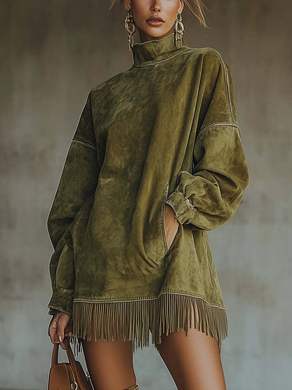 Women's Loose Tassel Suede Dress - Long Sleeve Pocket Dress