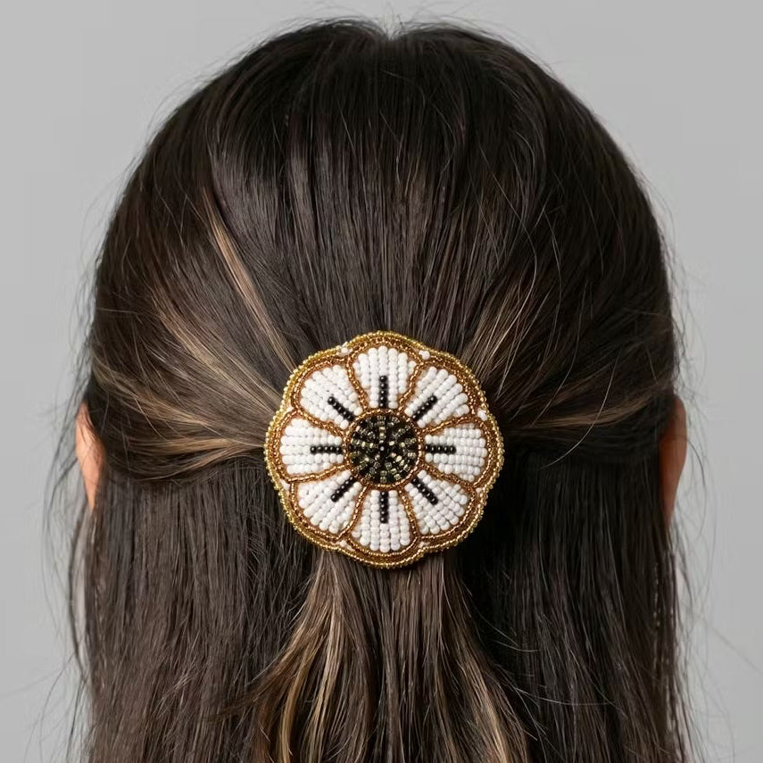 White Beaded Flower Barrette
