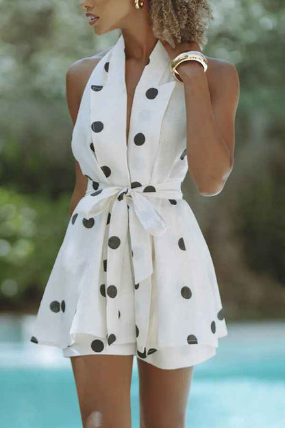Women’s Polka Dot Halter Neck 2-Piece Set – Sleeveless Loose-Fit Printed Top & Pants Suit