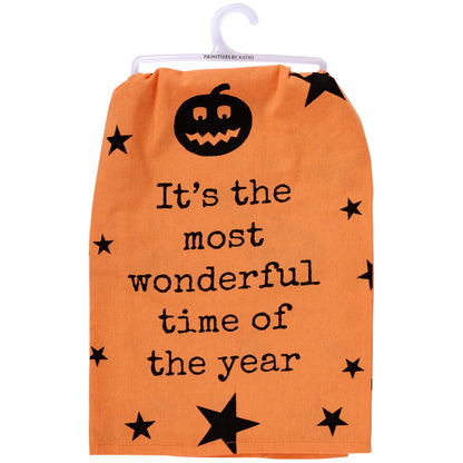 Primitives by Kathy Decorative Kitchen Towel, from Our Halloween Collection has an All-Over Design of Jack o'lanterns & Stars with a Fun Halloween Sentiment It's The Most Wonderful Time of The Year