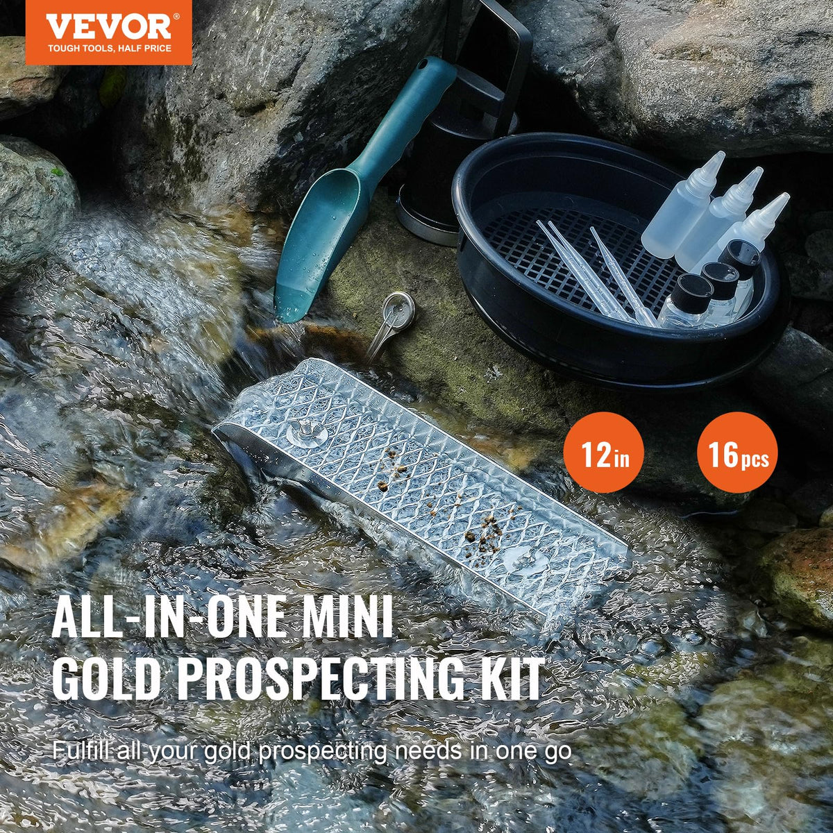 VEVOR Gold Panning Kit with Mini Sluice Box, 12" Aluminum Gold Mining Equipment, 16 PCS Golds Prospecting Kit with Golden Pan, Classifier Screen, Separating Magnet, Drawstring Backpack and Accessories 🍁 All In One Marketplace Canada