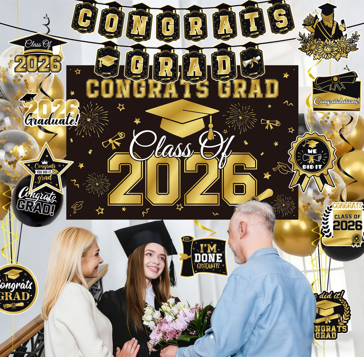 Graduation Decorations 2026 Black Gold 35PCS, Pre-Strung Congrats Grad Banner, Class of 2026 Backdrop, Balloons, Hanging Swirls, Graduation Party Decorations,PRE-ASSEMBLED 🍁 All In One Marketplace Canada
