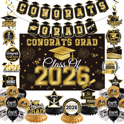Graduation Decorations 2026 Black Gold 35PCS, Pre-Strung Congrats Grad Banner, Class of 2026 Backdrop, Balloons, Hanging Swirls, Graduation Party Decorations,PRE-ASSEMBLED 🍁 All In One Marketplace Canada