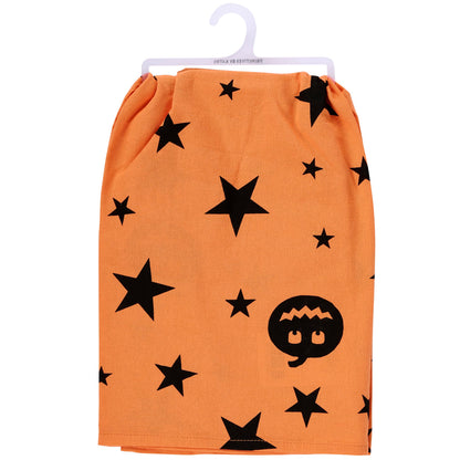 Primitives by Kathy Decorative Kitchen Towel, from Our Halloween Collection has an All-Over Design of Jack o'lanterns & Stars with a Fun Halloween Sentiment It's The Most Wonderful Time of The Year