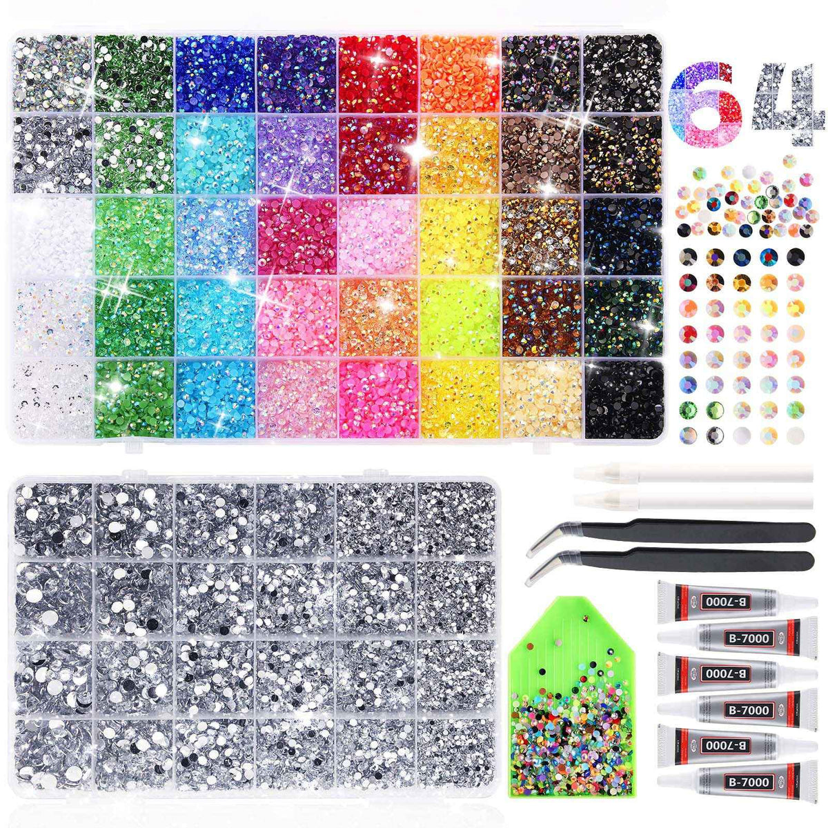 62,000pcs/64-Cells Bedazzling Kit, with 32,000pcs 3mm Nail Rhinestones in 40Colors for Bedazzling & 30,000pcs Clear Flatback Nail gems,6 Bottles B7000 Jewelry Glue, 2 Tweezers & 2 Dotting Pens 🍁 All In One Marketplace Canada