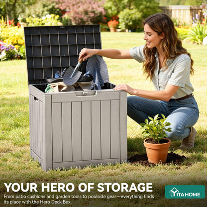 YITAHOME 31 Gallon Outdoor Storage Deck Box, Waterproof Resin Package Delivery and Storage Box with Lockable Lid for Patio Furniture Cushions, Pool Accessories, Garden Tools, Taupe 🍁 All In One Marketplace Canada