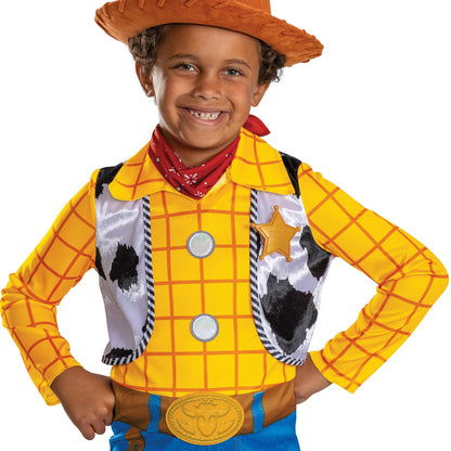 Disney Toy Story Deluxe Woody Costume, Official Boys Halloween Dress Up Outfit, Size (3T-4T)