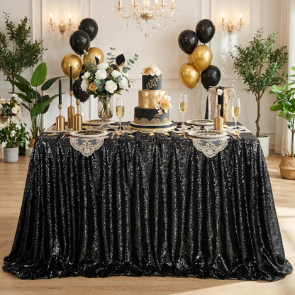 SoarDream Black Sequin Tablecloth 90x156 Inch Rectangle Wedding Tablecloth for Birthday Baby Shower Graduation Indoor Outdoor Halloween Party Table Decorations