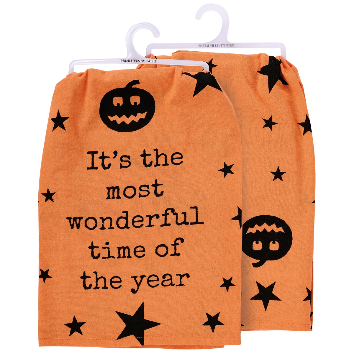 Primitives by Kathy Decorative Kitchen Towel, from Our Halloween Collection has an All-Over Design of Jack o'lanterns & Stars with a Fun Halloween Sentiment It's The Most Wonderful Time of The Year