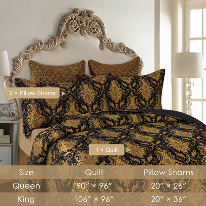 Loom and Mill Luxury Quilt Set 3 Piece, Classic Damask Quilted Bedspread Queen Size with 2 Shams, Soft Lightweight Jacquard Bedding Coverlet Set for Halloween Christmas All Season (Black, Queen)